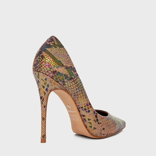 Scarpin Loretta Salto Fino Couro Snake Holográfico