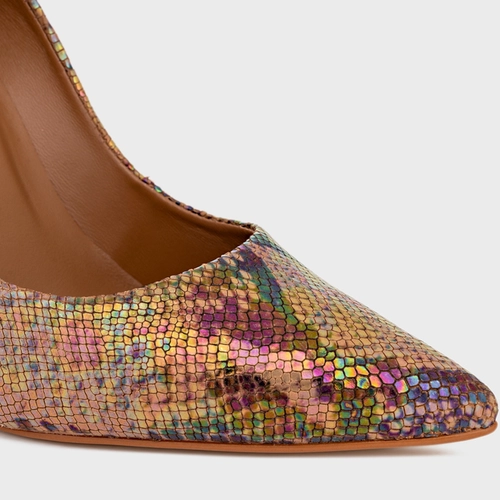 Scarpin Loretta Salto Fino Couro Snake Holográfico