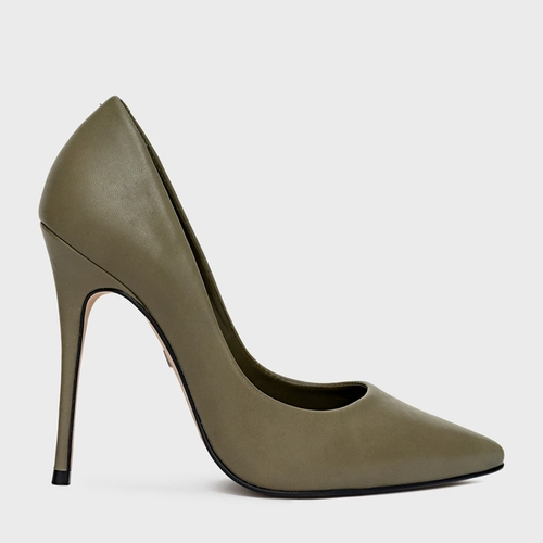 Scarpin Loretta Salto Fino Couro Verde Khaki