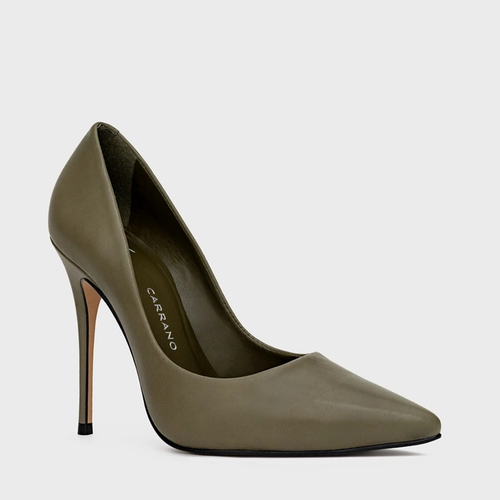 Scarpin Loretta Salto Fino Couro Verde Khaki