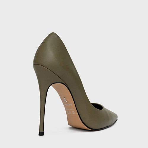 Scarpin Loretta Salto Fino Couro Verde Khaki