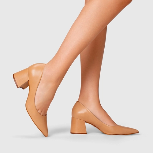 Scarpin Lauren Salto Bloco Couro Bege Nude