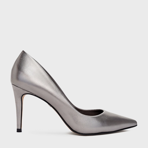 Scarpin Beatriz Salto Fino Couro Metalizado Prata Antigo