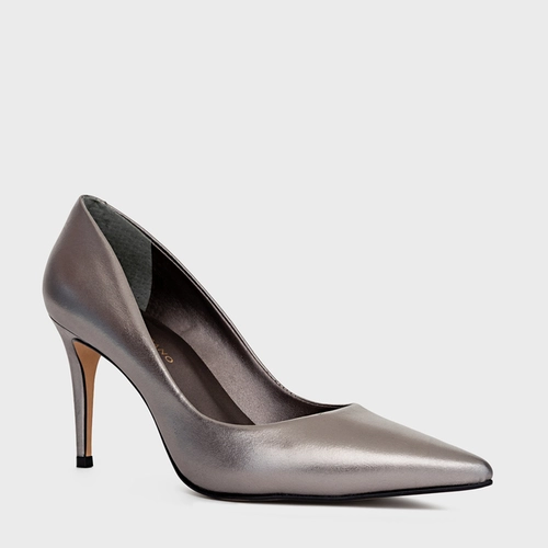 Scarpin Beatriz Salto Fino Couro Metalizado Prata Antigo