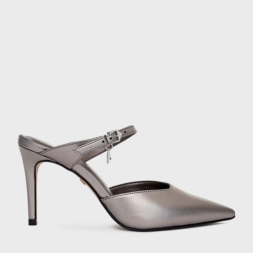 Mule Charm Salto Fino Couro Metalizado Prata Antigo