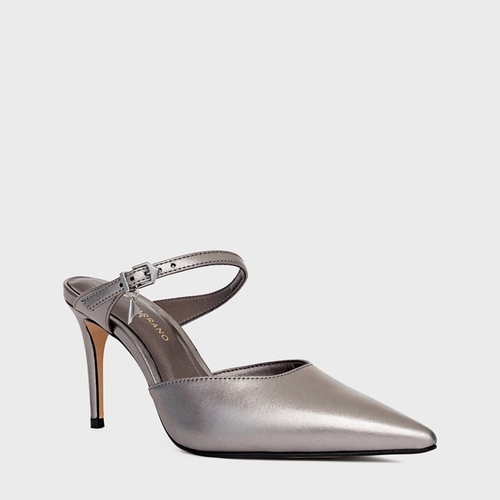 Mule Charm Salto Fino Couro Metalizado Prata Antigo