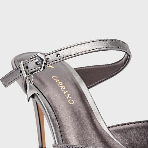 Mule Charm Salto Fino Couro Metalizado Prata Antigo