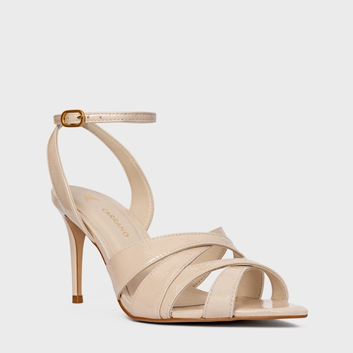 Sandália Tiras Cruzadas Salto Fino Couro Verniz Off White Cotton