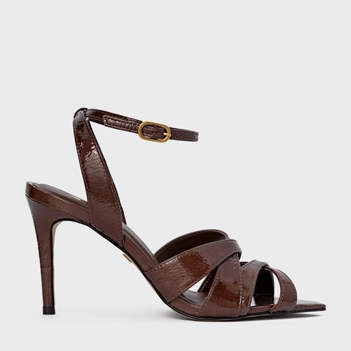 Sandália Tiras Cruzadas Salto Fino Couro Verniz Marrom Brownie