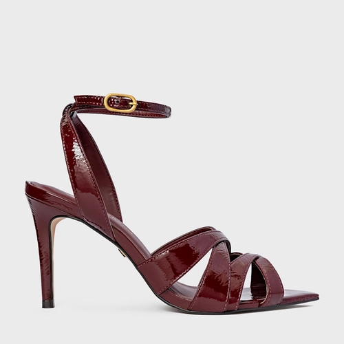 Sandália Tiras Cruzadas Salto Fino Couro Verniz Vinho Mahogany