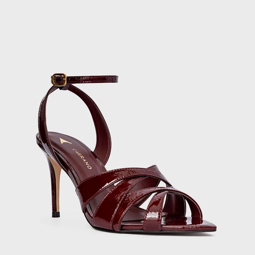 Sandália Tiras Cruzadas Salto Fino Couro Verniz Vinho Mahogany
