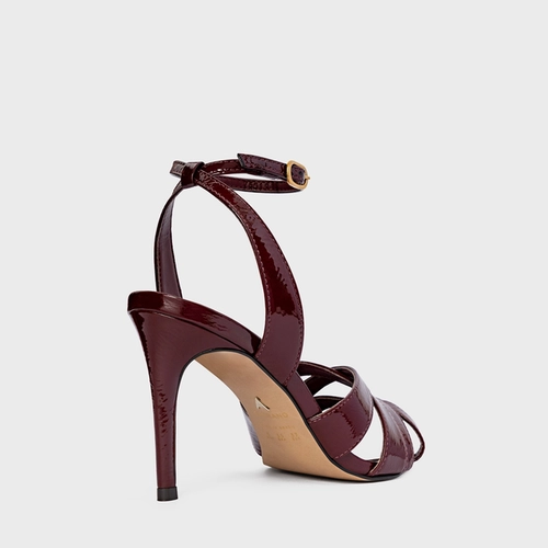 Sandália Tiras Cruzadas Salto Fino Couro Verniz Vinho Mahogany