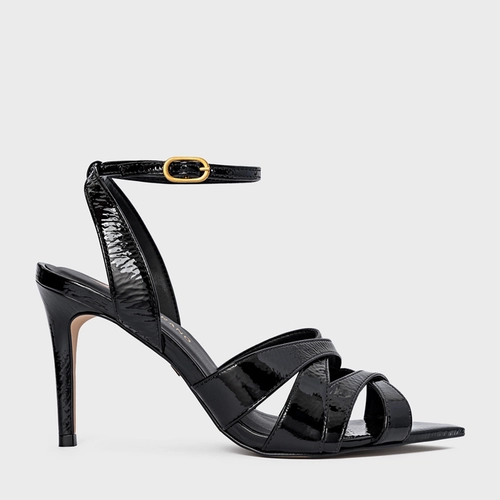 Sandália Tiras Cruzadas Salto Fino Couro Verniz Preto