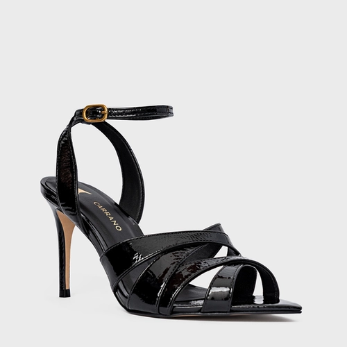 Sandália Tiras Cruzadas Salto Fino Couro Verniz Preto