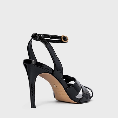 Sandália Tiras Cruzadas Salto Fino Couro Verniz Preto
