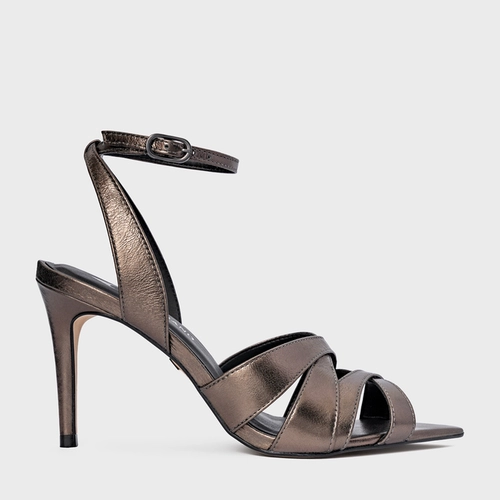 Sandália Tiras Cruzadas Salto Fino Couro Metalizado Prata Old