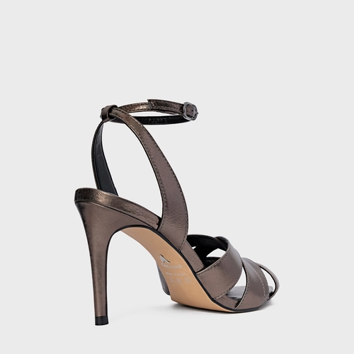 Sandália Tiras Cruzadas Salto Fino Couro Metalizado Prata Old