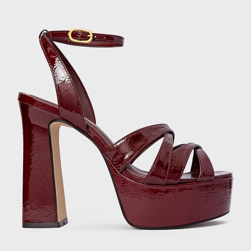 Sandália Plataforma Tiras Cruzadas Couro Verniz Vinho Mahogany