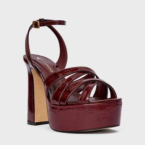 Sandália Plataforma Tiras Cruzadas Couro Verniz Vinho Mahogany