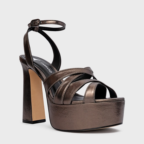 Sandália Plataforma Tiras Cruzadas Couro Metalizado Prata Old