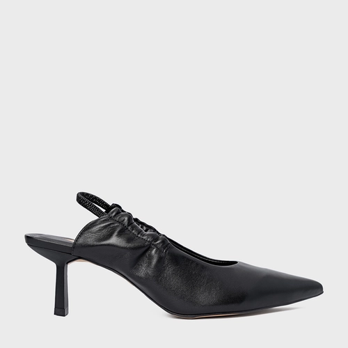 Scarpin Slingback Drape Salto Fino Couro Preto