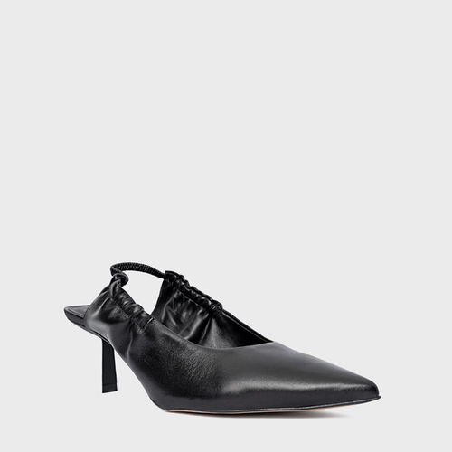 Scarpin Slingback Drape Salto Fino Couro Preto