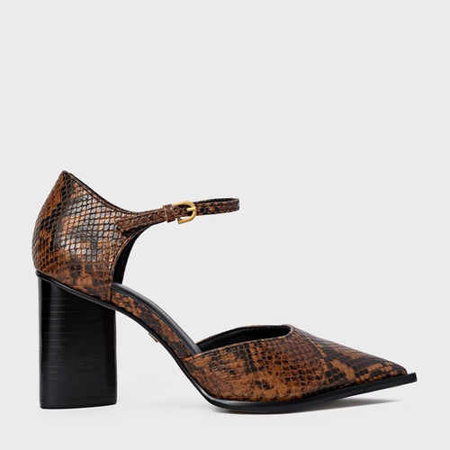 Scarpin Slingback Bico Alongado Salto Bloco Couro Snake Marrom Saddle