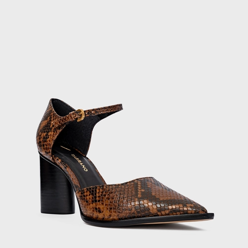 Scarpin Slingback Bico Alongado Salto Bloco Couro Snake Marrom Saddle