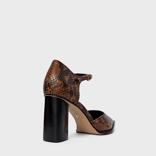 Scarpin Slingback Bico Alongado Salto Bloco Couro Snake Marrom Saddle