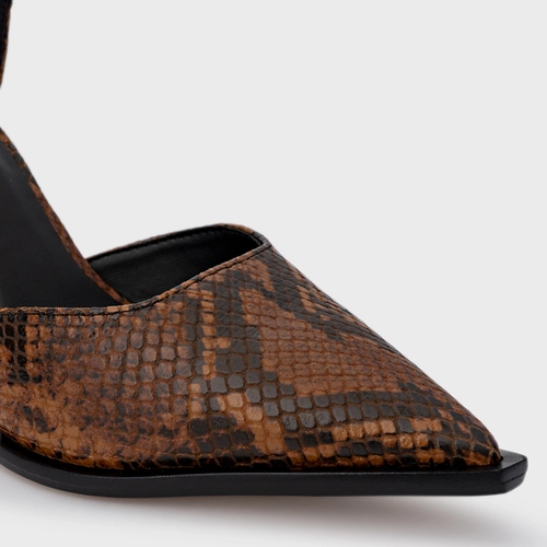 Scarpin Slingback Bico Alongado Salto Bloco Couro Snake Marrom Saddle