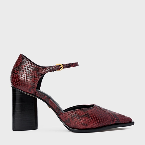 Scarpin Slingback Bico Alongado Salto Bloco Couro Snake Vinho Mahogany