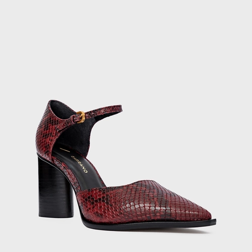 Scarpin Slingback Bico Alongado Salto Bloco Couro Snake Vinho Mahogany
