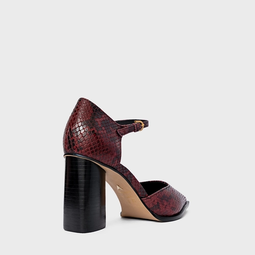 Scarpin Slingback Bico Alongado Salto Bloco Couro Snake Vinho Mahogany