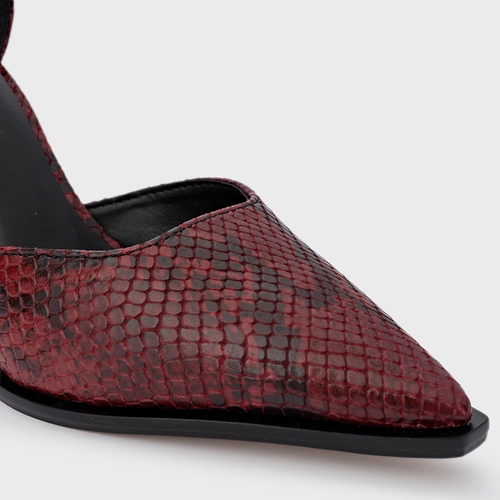 Scarpin Slingback Bico Alongado Salto Bloco Couro Snake Vinho Mahogany