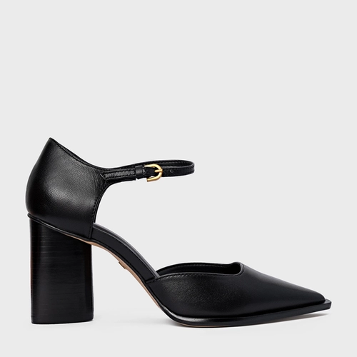 Scarpin Slingback Bico Alongado Salto Bloco Couro Preto
