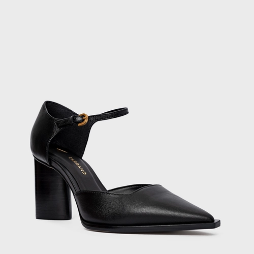 Scarpin Slingback Bico Alongado Salto Bloco Couro Preto