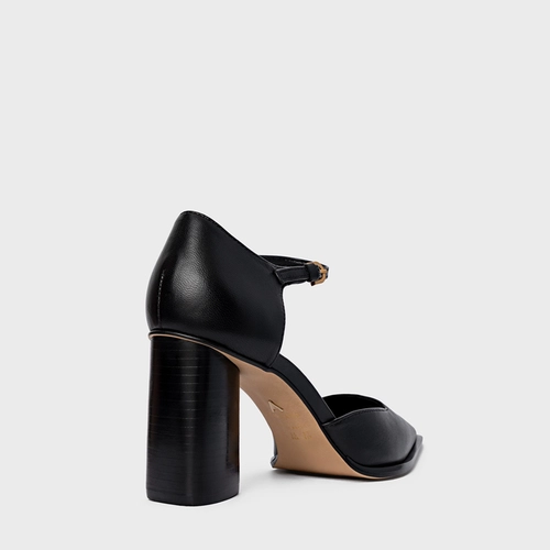 Scarpin Slingback Bico Alongado Salto Bloco Couro Preto