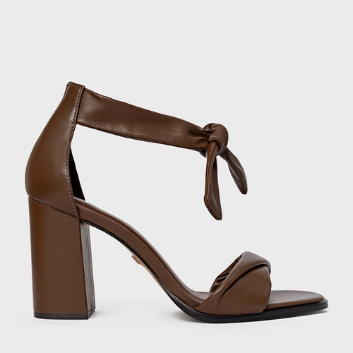 Sandália Puffy Lace Salto Bloco Couro Marrom Brownie