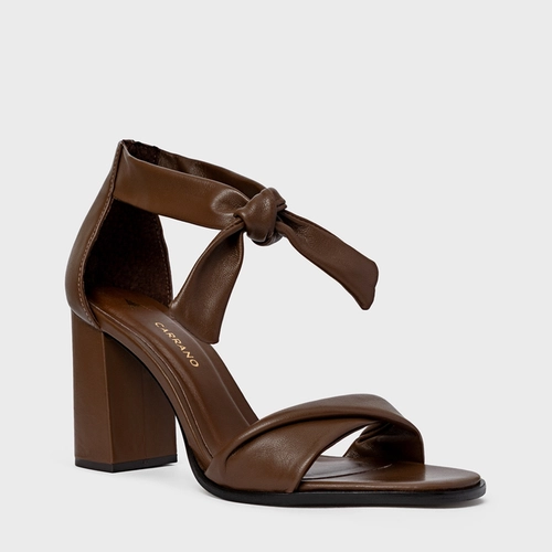 Sandália Puffy Lace Salto Bloco Couro Marrom Brownie