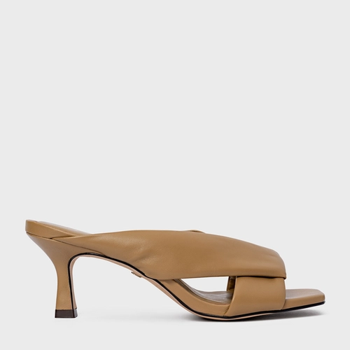 Open Mule Tiras Puffy Salto Fino Couro Bege Almond