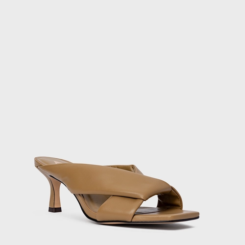 Open Mule Tiras Puffy Salto Fino Couro Bege Almond