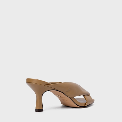 Open Mule Tiras Puffy Salto Fino Couro Bege Almond