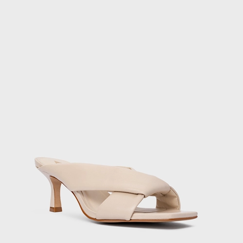 Open Mule Tiras Puffy Salto Fino Couro Off White Cotton