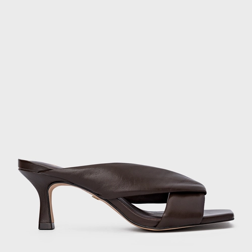 Open Mule Tiras Puffy Salto Fino Couro Marrom Dark Brown