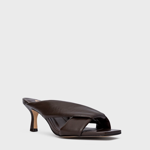 Open Mule Tiras Puffy Salto Fino Couro Marrom Dark Brown