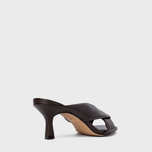 Open Mule Tiras Puffy Salto Fino Couro Marrom Dark Brown