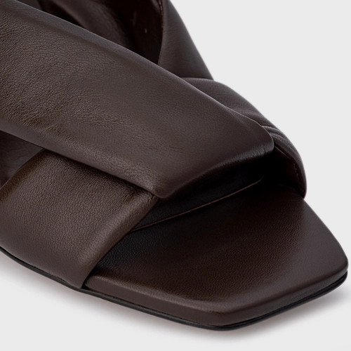 Open Mule Tiras Puffy Salto Fino Couro Marrom Dark Brown