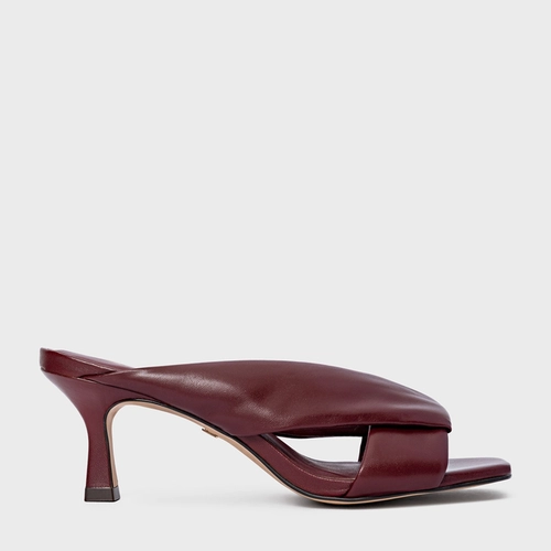 Open Mule Tiras Puffy Salto Fino Couro Vinho Mahogany