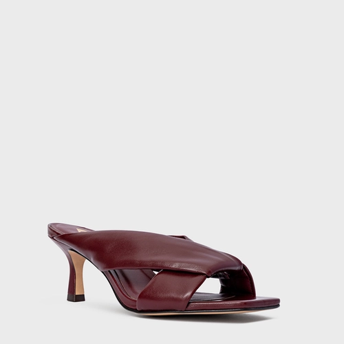 Open Mule Tiras Puffy Salto Fino Couro Vinho Mahogany