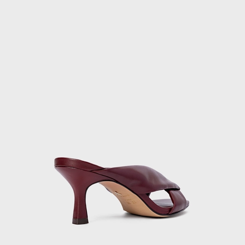 Open Mule Tiras Puffy Salto Fino Couro Vinho Mahogany